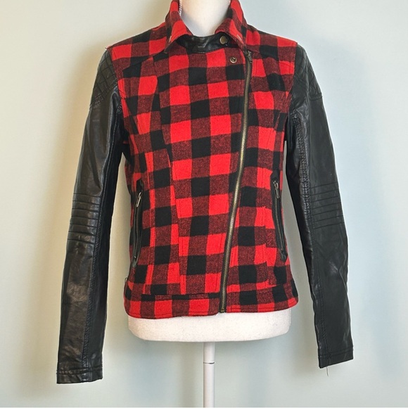 Aqua Moto Jacket Red and Black Flannel with Faux Leather Sleeves - Picture 1 of 12